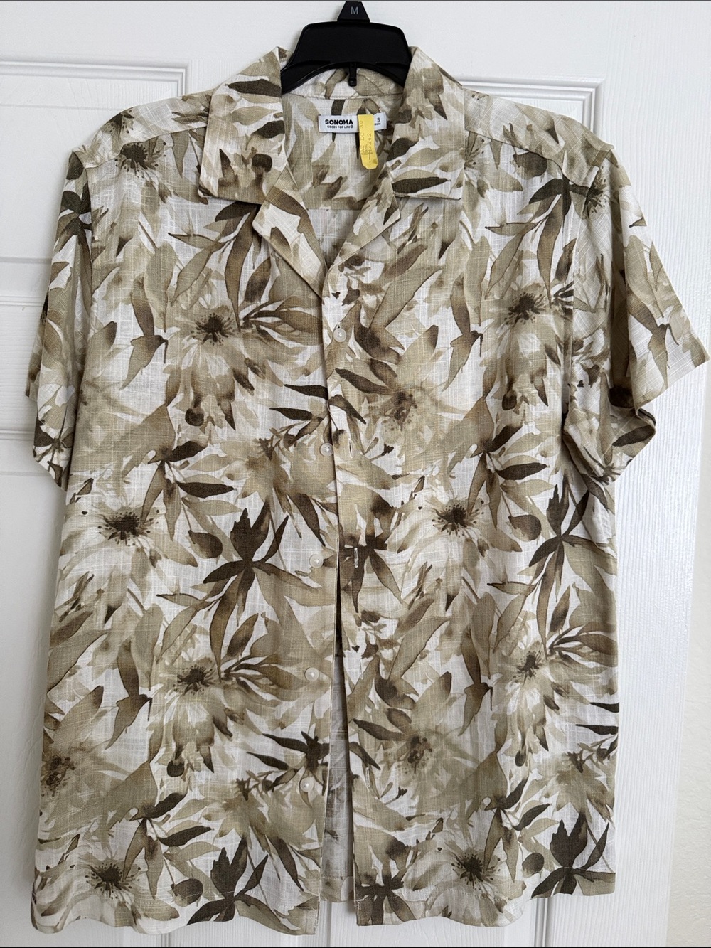 Sonoma Beige & Olive Floral Short Sleeve Camp Shirt linen